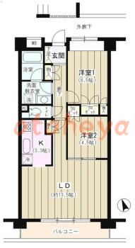 楽器可の賃貸物件 2 LDK 17.5万円の図面１