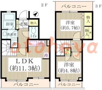 防音室のある楽器可 賃貸物件 2 LDK 15.4万円の図面１