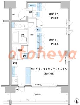 防音室のある楽器可 賃貸物件 2 LDK 24.4万円の図面１