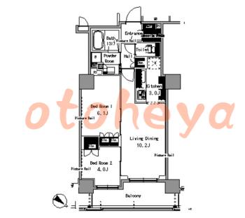 楽器可の賃貸物件 2 LDK 26.2万円の図面１