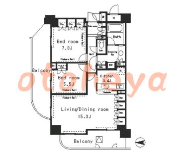 楽器可の賃貸物件 2 LDK 30万円の図面１