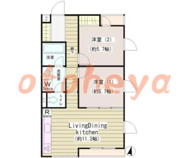 防音室のある楽器可 賃貸物件 2 LDK 16.7万円の図面１