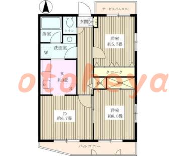 楽器可の賃貸物件 2 DK 10.2万円の図面１