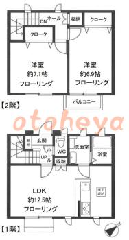 防音室のある楽器可 賃貸物件 2 LDK 13.8万円の図面１