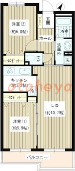 楽器可の賃貸物件 2 LDK 19.8万円の図面１