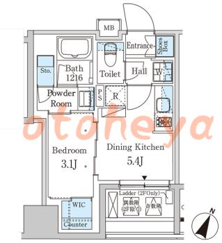 楽器可の賃貸物件 1 DK 16万円の図面１