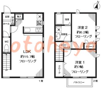 グランドピアノ可の賃貸物件 2 LDK 12.2万円の図面１