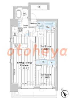防音室のある楽器可 賃貸物件 2 LDK 32.5万円の図面１