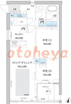 楽器可の賃貸物件 2 LDK 22.5万円の図面１