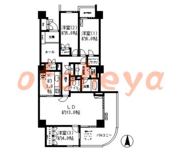 グランドピアノ可の賃貸物件 3 LDK 27.4万円の図面１