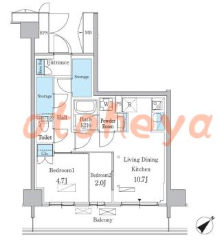 楽器可の賃貸物件 2 LDK 22.1万円の図面１