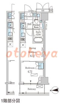 楽器可の賃貸物件 1 DK 12万円の図面１