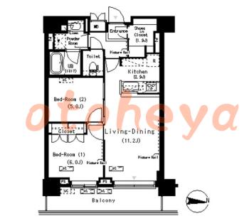 防音室のある楽器可 賃貸物件 2 LDK 26万円の図面１