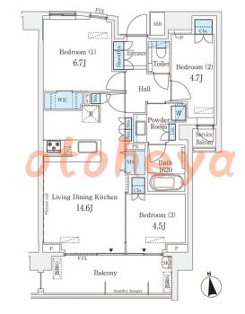 楽器可の賃貸物件 3 LDK 29.5万円の図面１