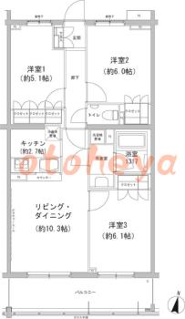 楽器可の賃貸物件 3 LDK 22.4万円の図面１