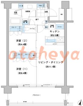 楽器可の賃貸物件 2 LDK 22.6万円の図面１