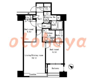 楽器可の賃貸物件 2 LDK 35万円の図面１