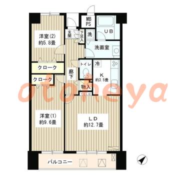 楽器可の賃貸物件 2 LDK 33.5万円の図面１