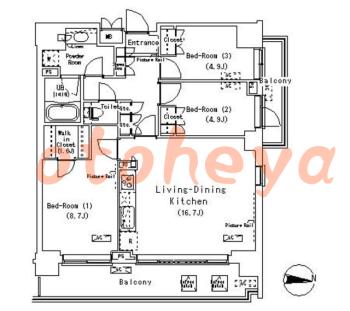 防音室のある楽器可 賃貸物件 3 LDK 24.9万円の図面１
