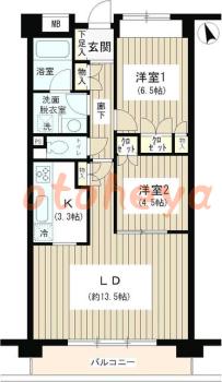 楽器可の賃貸物件 2 LDK 19.4万円の図面１