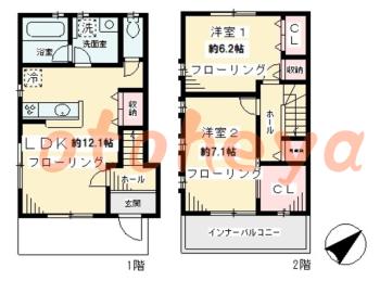 グランドピアノ可の賃貸物件 2 LDK 22.7万円の図面１