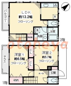 グランドピアノ可の賃貸物件 2 LDK 22.7万円の図面１