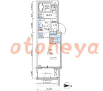 楽器可の賃貸物件 1 K 9.9万円の図面１