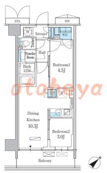 楽器可の賃貸物件 2 LDK 18.7万円の図面１