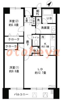 楽器可の賃貸物件 2 LDK 35万円の図面１