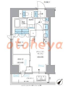防音室のある楽器可 賃貸物件 2 DK 24.4万円の図面１