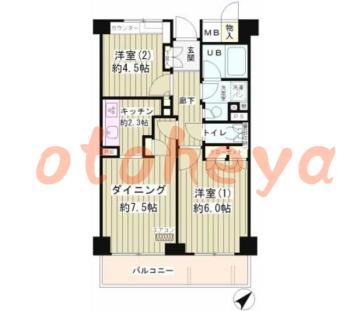 防音室のある楽器可 賃貸物件 2 DK 17万円の図面１