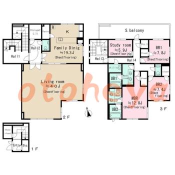 楽器可の賃貸物件 3 SLDK 155万円の図面１