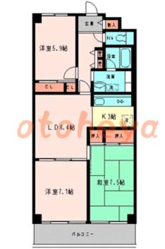 グランドピアノ可の賃貸物件 3 LDK 8.9万円の図面１