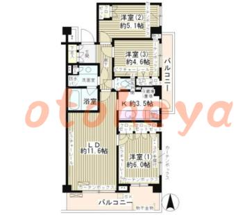 グランドピアノ可の賃貸物件 3 LDK 19.8万円の図面１
