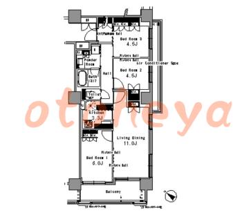 楽器可の賃貸物件 3 LDK 30万円の図面１