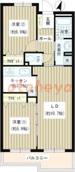 楽器可の賃貸物件 2 LDK 19.5万円の図面１