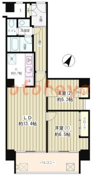 楽器可の賃貸物件 2 LDK 29万円の図面１