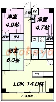防音室のある楽器可 賃貸物件 3 LDK 10.7万円の図面１