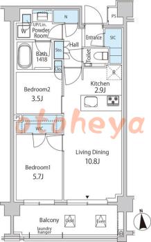 防音室のある楽器可 賃貸物件 2 LDK 30.4万円の図面１