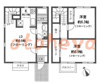 楽器可の賃貸物件 2 LDK 11.1万円の図面１