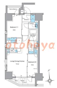 グランドピアノ可の賃貸物件 2 LDK 22.5万円の図面１