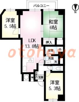 防音室のある楽器可 賃貸物件 3 LDK 18.9万円の図面１