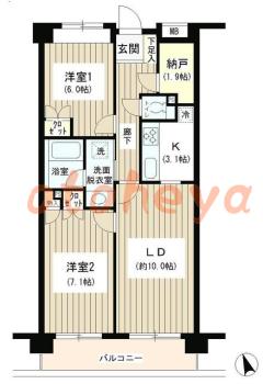 楽器可の賃貸物件 2 LDK 18.5万円の図面１