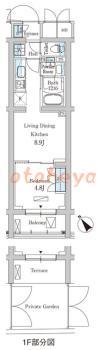 防音室のある楽器可 賃貸物件 1 LDK 14.3万円の図面１