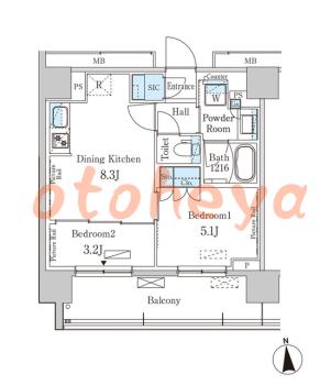 グランドピアノ可の賃貸物件 2 DK 21.8万円の図面１