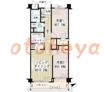 楽器可の賃貸物件 2 LDK 24万円の図面１
