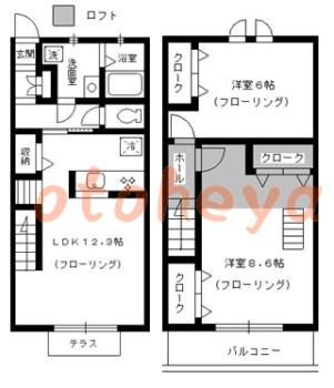 楽器可の賃貸物件 2 LDK 12.3万円の図面１