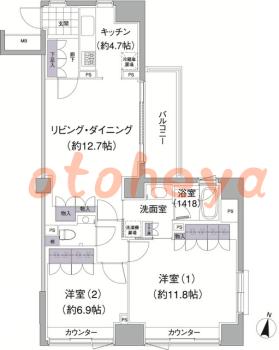 グランドピアノ可の賃貸物件 2 LDK 43.4万円の図面１