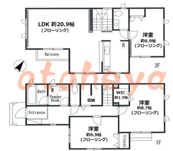 防音室のある楽器可 賃貸物件 3 LDK 19.5万円の図面１