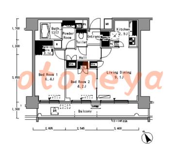 楽器可の賃貸物件 2 LDK 24.8万円の図面１